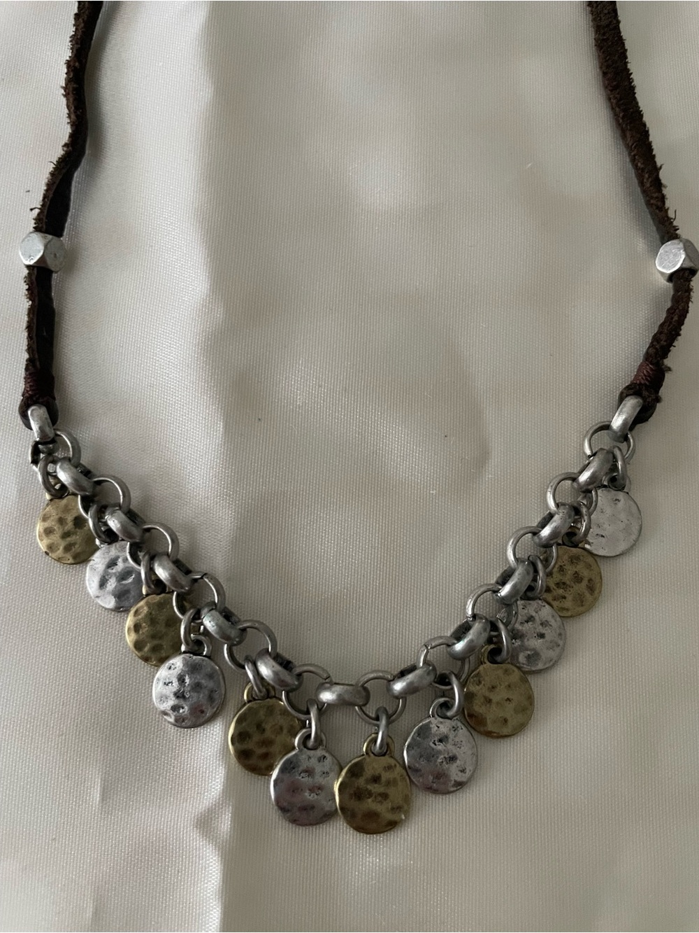 Anthropologie Two-Tone Hammered Disc Necklace - Silver & Gold with Brown Cord